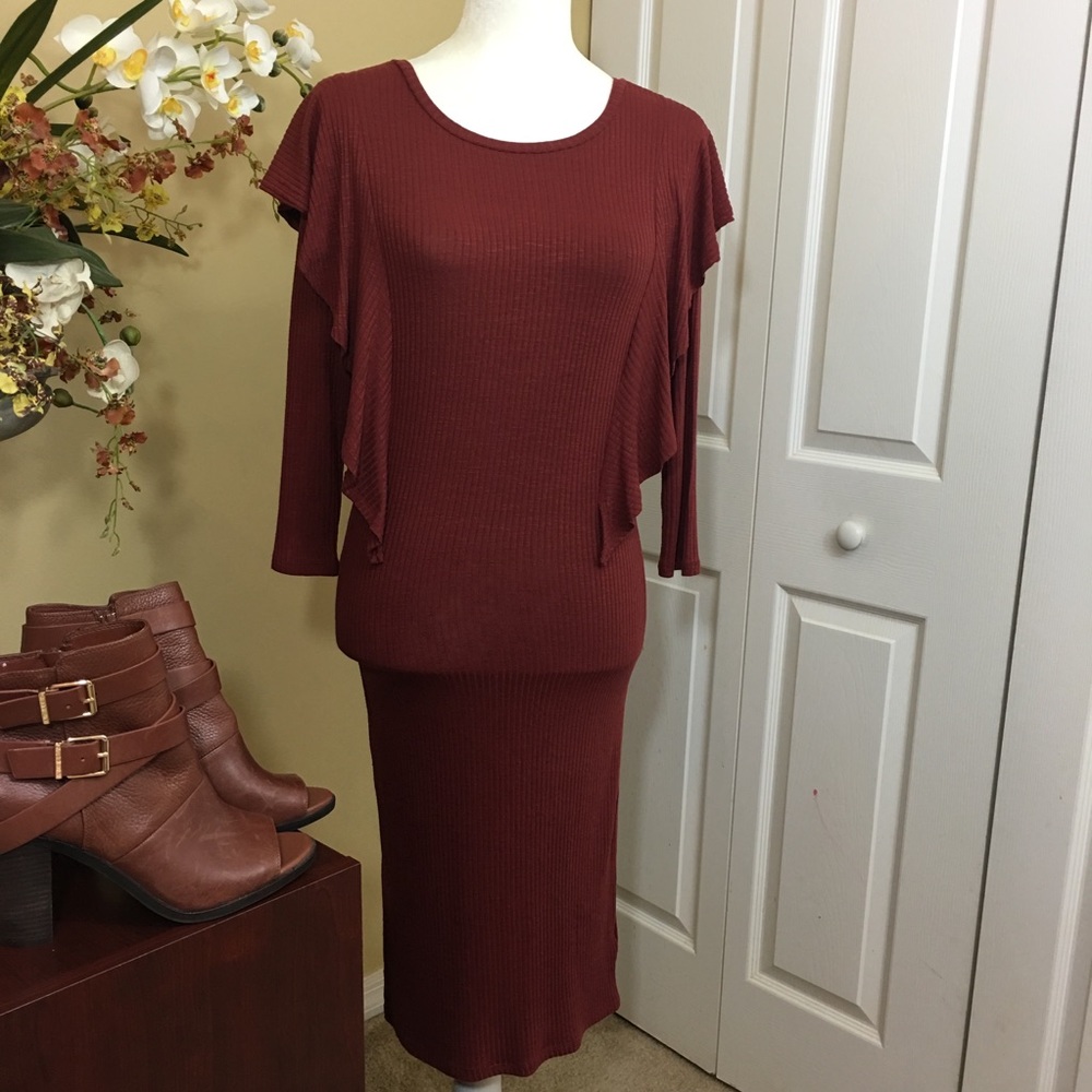 NWT C&V Chelsea & Violet Ribbed Ruffle Midi Dress Size XL Boho Chic Romantic